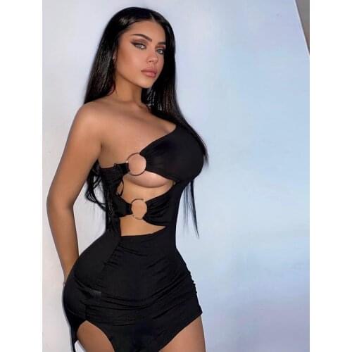 Women Dresses Summer 2021 Sexy Black Inclined Shoulder Hollow Ring Cut Out Waist Irregular Side Split Bodycon Clubwear W21DS159