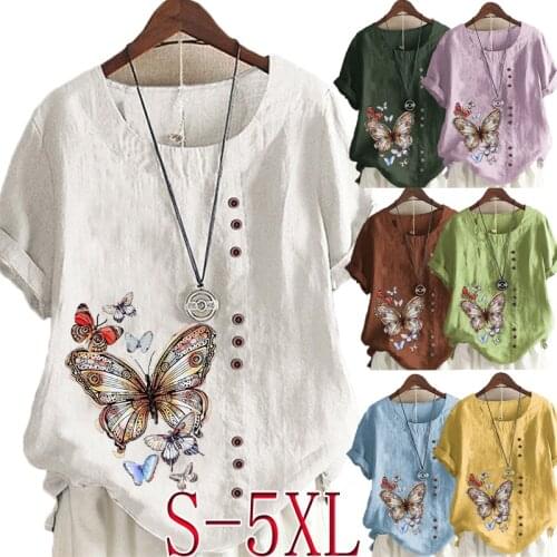 Womens New Fashion Summer Butterfly Prined Round Neck Short Sleeve T-shirt Casual Loose Solid Color Blouse Tops Plus Size