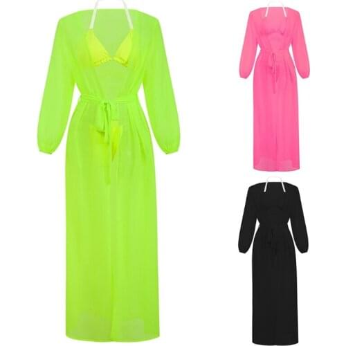 Women Sexy 3pcs Bikini Set Neon Solid Color Halter Triangle Brazilian Swimsuit with Long Sleeve Mesh Cover Up Beachwear