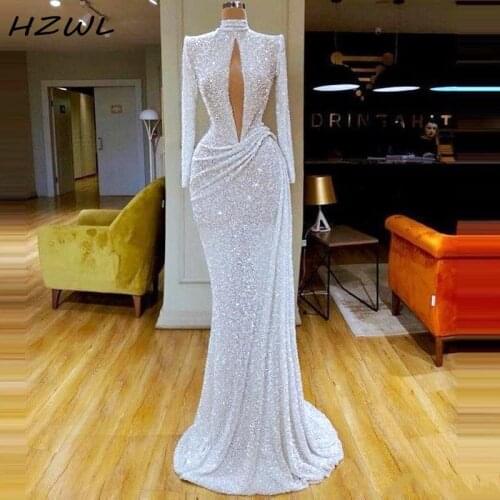Real image Keyhole Neckline Sequined Prom Dresses High Neck Long Sleeve Draped Mermaid Evening Gowns Formal Dress Party vestidos