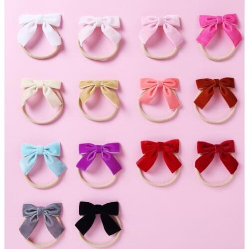 14pcs/lot New Velvet Elastic Bows Nylon Hairbands Infants Baby Soild Knot Handtie Skinny Headbands Baby Hair Accessories