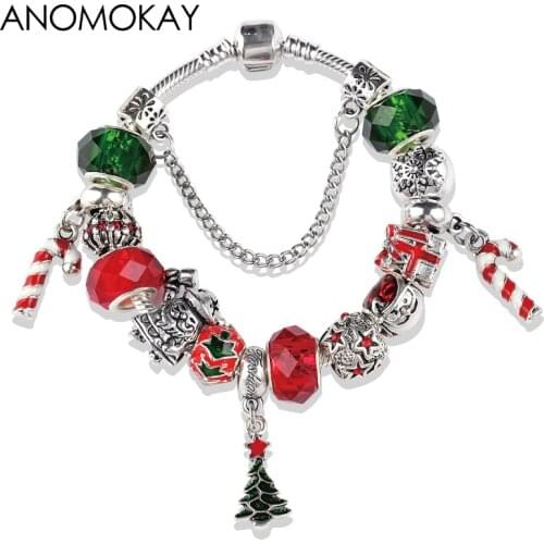 Dropshipping Christmas Tree Snowman Crutch Bracelet Charm for Women Diy Crystal Enamel Beads Bracelet New Year Xmas Jewelry Gift