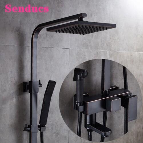 Black Bronze Bathroom Shower Set Quality Copper Bathtub Mixer Tap Square Rainfall Shower Head Black Bronze Shower System