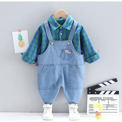 Spring Autumn Baby Boys Girls Cotton Clothes Kids Plaid Shirt Denim Overalls Pants 2Pcs/Set Infant Children Toddler Tracksuit