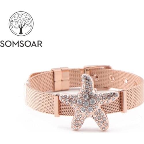 Dropshipping Somsoar Jewelry Rose Gold Starfish Mesh Bracelet Set with free intercepters Stainless steel Bangle for Beach Girls