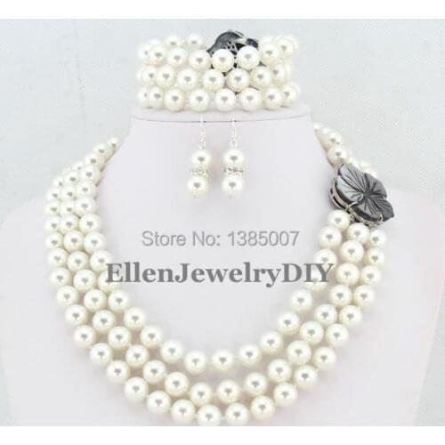 Elegant Lady 3 Rows Shell Pearl Jewelry Set Shell Pearl Necklace Wedding Gift Wedding Gift Bridesmaid Necklace Free Shipping