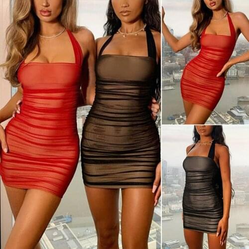 Hot kf-Sexy Backless Mesh Halter Mini Dress Women Spring Summer New Simple Solid Office Lady Slim Dress