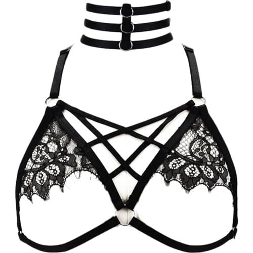 JLX.HARNESS Lace Sexy Lingerie Bra Black Goth Body Harness Cage Punk Woman Suspender Belt Bondage Harness Lace Bra