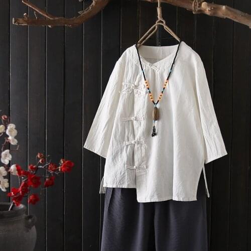 Chinese Style Summer T Shirt Women New Cotton Linen Irregular T-Shirt Oblique Loose Oriental Tunic Ladies Chinese Tops AA4808