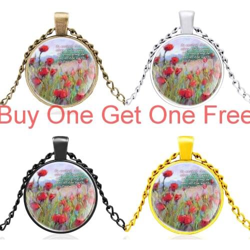 Classic Bible Verse Quotations Flowers Black Glass Cabochon Pendant Necklace Men Women Fashion Jewelry Accessories Gifts