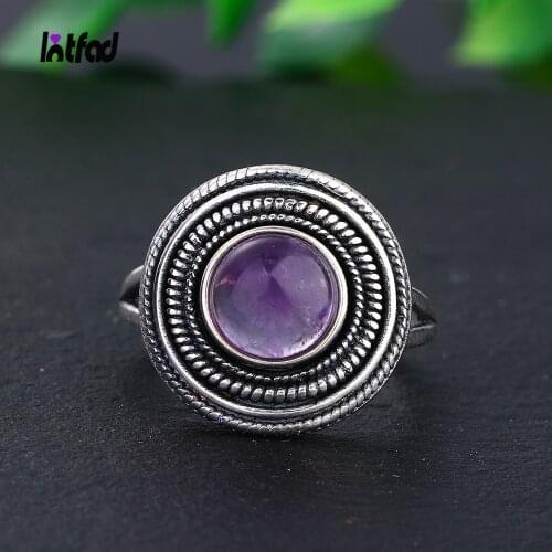 8MM Round Natural Amethyst Rings Womens S925 Sterling Silver Ring Gemstone Jewelri Wholesale Vintage Style Fine Jewelry