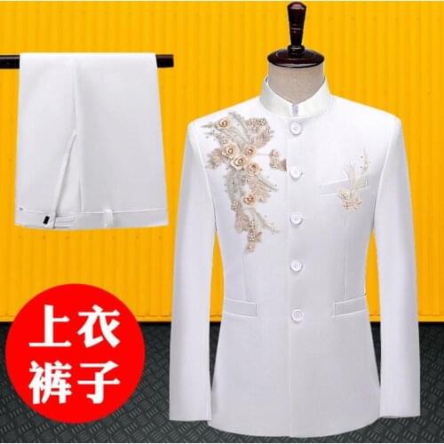 White blazer men Chinese tunic suit set with pants mens wedding suits Embroidery stand collar singer stage clothing formal dress