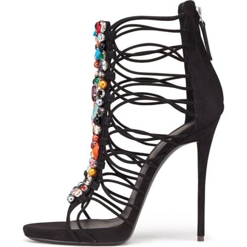 Colorful Crystal Embellished Women Sandals Thin Heels Peep Toe Cut-out Zipper Cage Shoes Thin Heels Strappy Sandals Woman