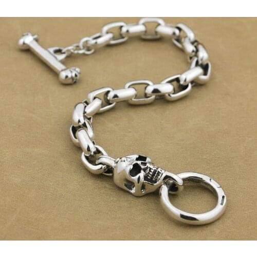 925 Sterling Silver Handmade Skull Chain Mens Biker Rock Punk Bracelet 9N014