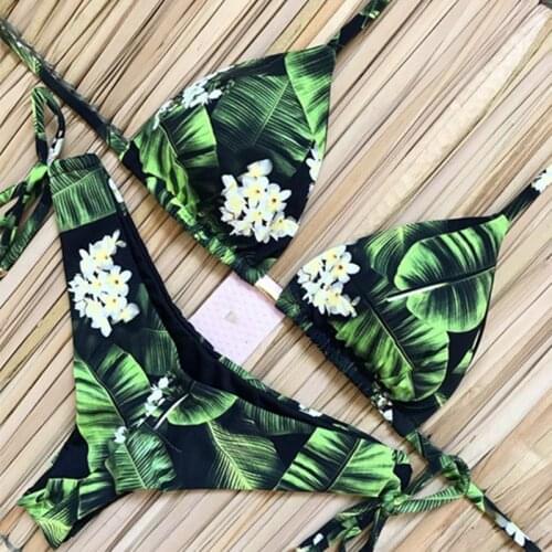 2020 New Sexy Swimsuits Women Bandage Bikinis Push up Leopard Print String Adjust Hollow Out Swimwear Solid Halter Bathing Suit