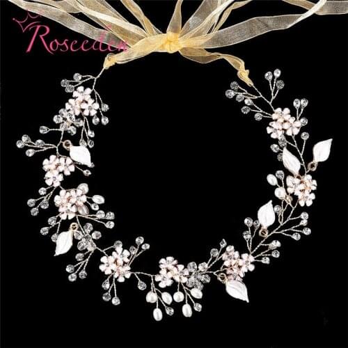 Charm Floral Bride Headband Headpiece Pearl Crystal Long Bridal Hairbands Headdress Wedding Hair Jewelry Accessories TiaraRE3163
