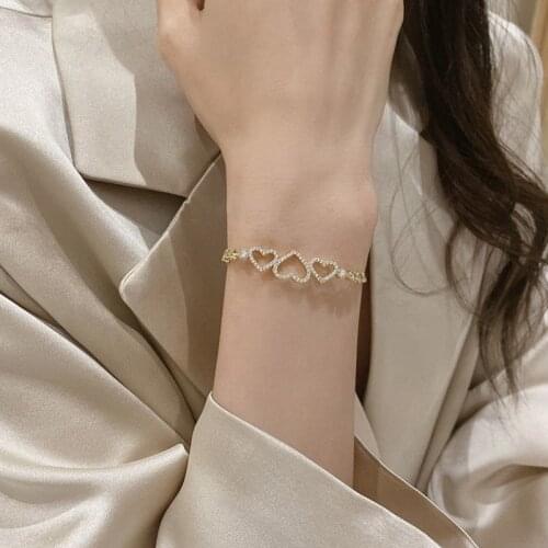 Origin Summer Shining Love Heart Charm Bracelets for Women Girls Hollow Out Rhinestone Metal Adjustable Bracelets Jewellery