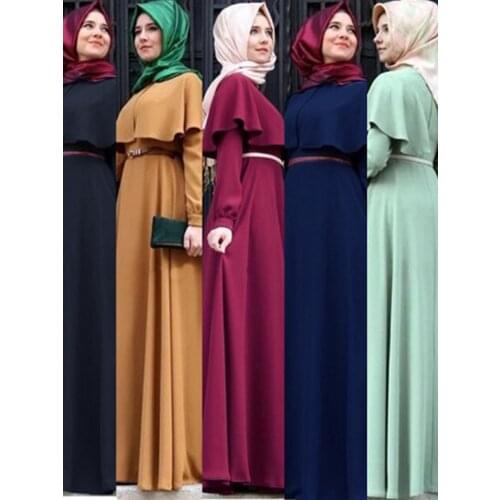 Long Dresses Muslim Abaya A-line Maxi Dress Women Ruffle Big Swing Robe Belt Kimono moroccan Kaftan Worship Islamic Clothes