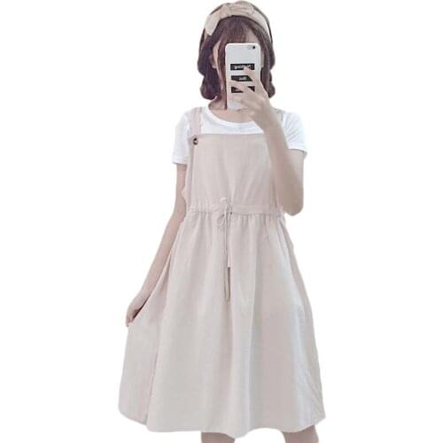 Summer new womens Korean students loose solid color high waist was thin dress sleeveless strap strap dress