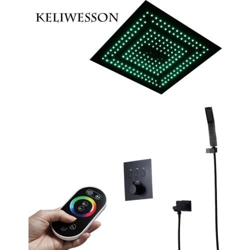 Remote Control Light LED Shower Head Rainfall Black Brass Thermostatic Shower Faucetss Valve Jets Showers 16 Inch