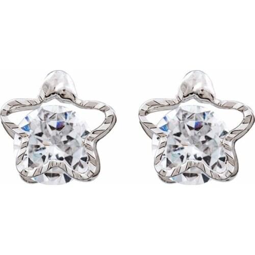 6 Patterns Silver Plated Heart Flower Square Triangle Star Rhombus Shiny Round Rhinestone Stud Earrings for Women