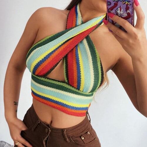 SEASONS Patchwork 2021 Summer Halter Neck Crop Top Women Backless Casual Sleeveless Beach Knit Fashion Sexy Tank Tops ASVE83057