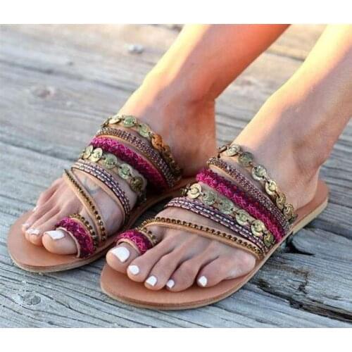 Ethnic Style Ring Toe Casual Flat Women Slides Rope Braid Bohemia Designed Women Flip-flops Shoes Summer Handmade Lady Slippers