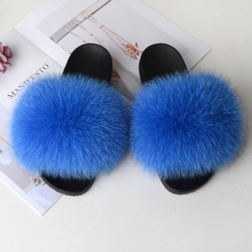 Womens Solid Color Fur Slides Fashion Cute Home Shoes Female Real Fox Fur Slippers Ladies Fluffy Fur Sandals Girls Flip Flops