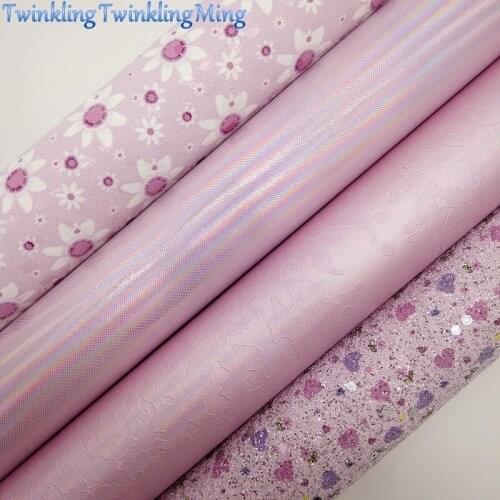 Hearts Printed Glitter Fabric, Iridescent Synthetic Leather, flowers Faux Fabric Sheets For Bow A4 21x29CM Twinkling Ming XM013C