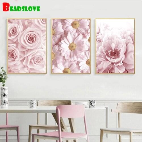Triptych Diamond embroidery Pink Peony Rose Flower Plant 3 piece Diamond painting full drill square round Diamond mosaic set