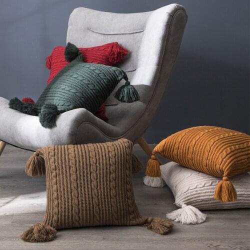 Knit Cushion Cover 45x45cm Pillow Case 48x74cm Khaki Ivory Wine Red Tassels Soft Home Decoration Pillow Cover for Sofa Bed