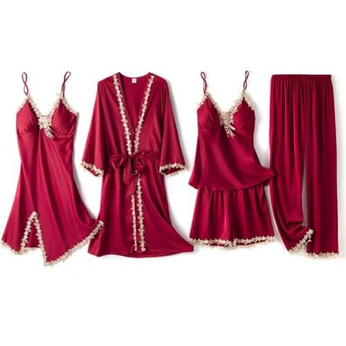 Kimono Robe Gown Sexy Women Sleepwear Satin Lace Wedding Morning 5PCS Nightgown&Bathrobe Set V-Neck Loose Intimate Lingerie