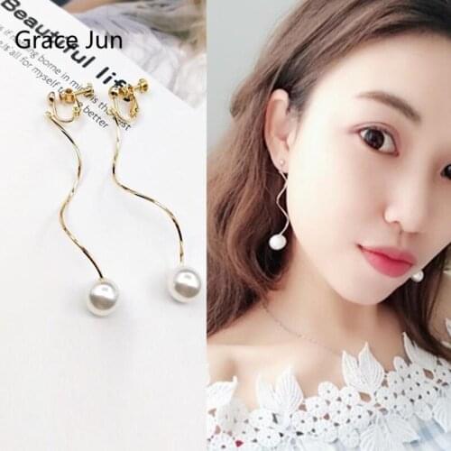 Grace Jun New Long Twisted Simulated Pearl Clip on Earrings No Pierced for Women Party Wedding Luxury Pierced Earrings Good Gift