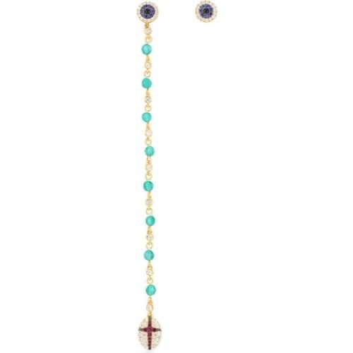 SLJELY 925 Sterling Silver Yellow Gold Color Asymmetric Blue Beads Long Drop Earrings with Stud Zircon Women Fashion Jewelry