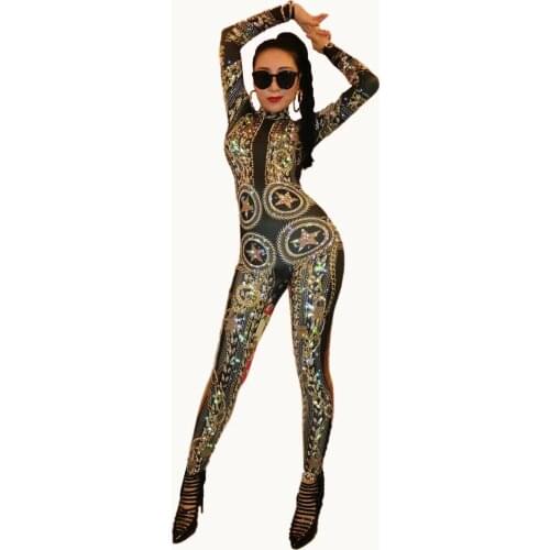 Gold Printed Stretch Rhinestones Jumpsuit Womens Sexy Bodysuit Costume Stage Outfit Singer dance DJ Dancer Performance Rompers
