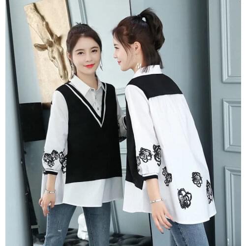 Womens Sweatshirt Plus Size Womens Korean Loose Three-quarter Sleeves Fake Two-piece Fashion Bottoming Shirt for Women