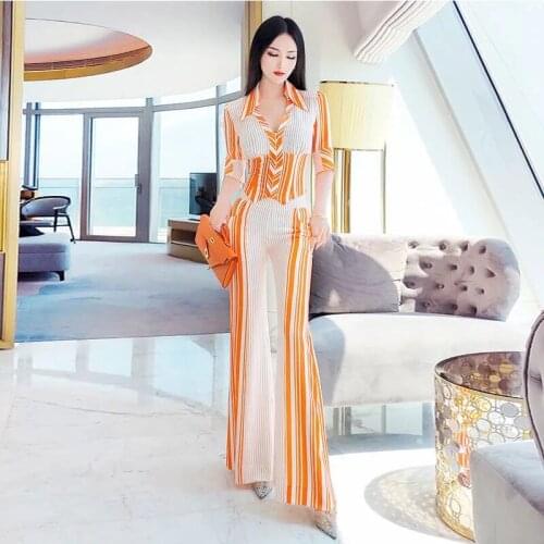 2pcs Tweed Women Elegant Dress Suit Set Lady Office Wear V-Neck Striped Patchwork Wide Leg Pants