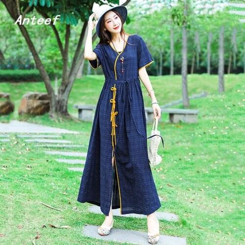 Short sleeve cotton linen vintage plaid dresses for women casual loose long woman summer dress elegant clothes 2021