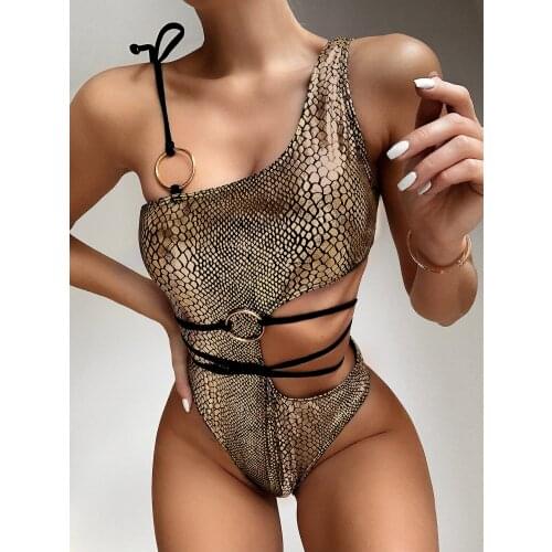 2021 Sexy Hollow Swimsuit Monokini Snake Print One Piece Swimwear Women Stroj Kapielowy Biquini Maio Trikini Mujer Badpak Femme