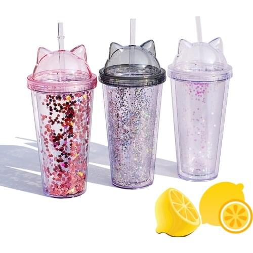 420ML Stylish Flash Cat Ear Bear Water Drinking Bottles Cups Plastic Bottles For Drinks With Straw Lid For Coffee Juice Tea
