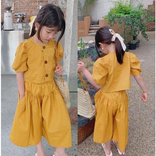2021 New Baby Girls Summer Yellow Sets, Top + Pants Wholesale 5 sets/lot