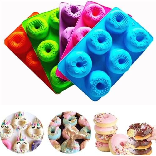 6 Cavity Silicone Donut Mold Non-stick Donut Cake Baking Tray Non-Stick Heat-Resistant Reusable Bakeware Dessert Decoration Tool