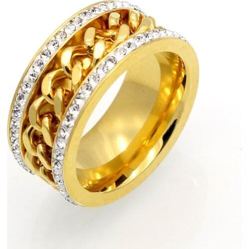 Beichong Punk Gold Color Spinner Rings for Men Women Two line Crystal Chain Wedding Bands Ring Stainless Steel Jewelry