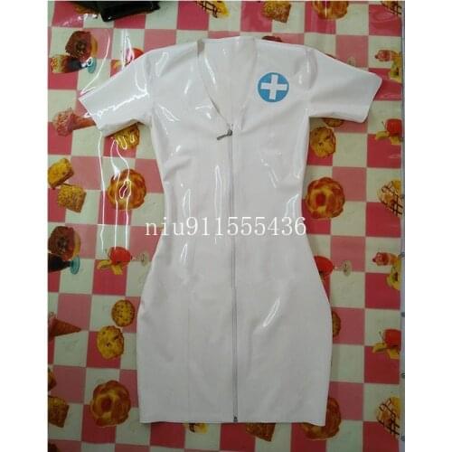 White Short Sleeve Latex Fetish Dress Rubber Doctor Nurse Cosplay with Back Zipper Club Party Wear