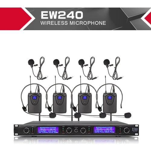XTUGA EW240 4 Channel Wireless Microphones System UHF Karaoke System Cordless 4 bodypack Mic for Stage Church Use for Party
