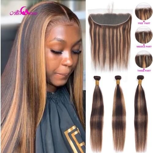 Ali Coco Brazilian Ombre Hair Bundles With Frontal P4/30 Human Hair Bundles With Frontal Highlight Color Remy Hair Weave Bundles