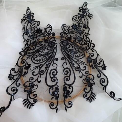1PC Black Embroidery Sequin Lace Applique Accessories Handmade DIY Materials Wedding Dress Back Decoration Fabric Patch