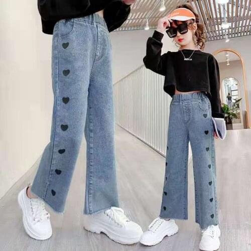 Kids Denim Trousers Childrens Clothing Korean Fashion High Waist Belt Jeans Slim Color Hole Ripped Pants for Teen Girls 5-14Yrs