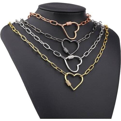 JUWANG 2020 New Fashion O-chain Necklaces Jewelry Cubic Zirconia Heart Hook Pendant Punk Style Necklaces For Women Men