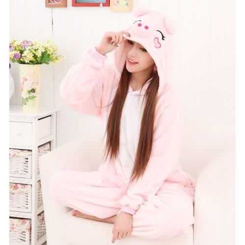Onesies For Adults Women Animal Pig Onesie Funny Pijama Pajamas Flannel Warm Soft Pink Onepiece Night Home Jumpsuit